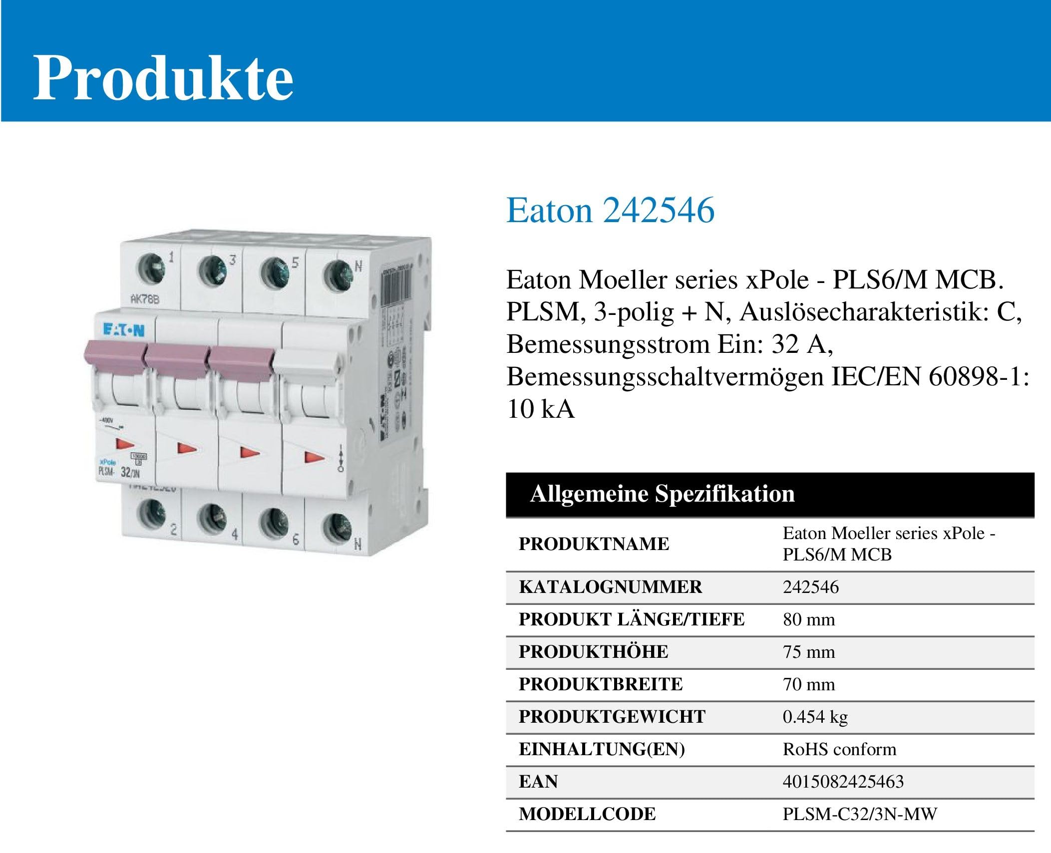 EATON PLSM-C25/3N-MW Interruptor Magnetotérmicos, 3P+N, Curva C, 25A, 7.5cm x 7.0cm x 8.0cm