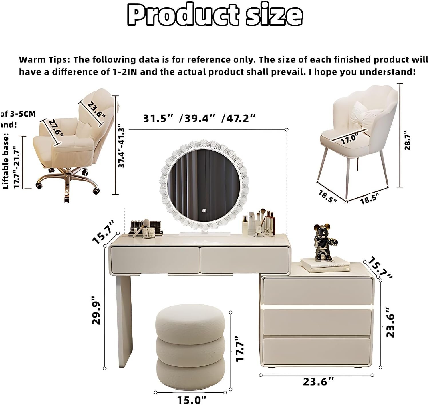 Diagram showing product dimensions of vanity desk and chair