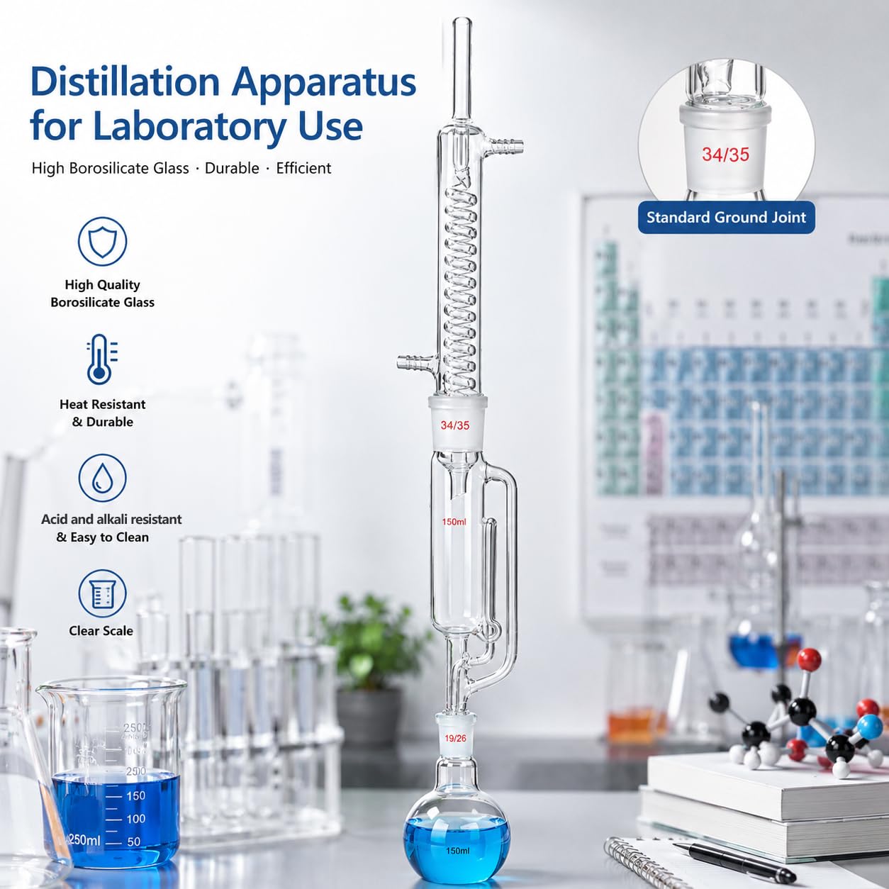 Soxhlet Typ Extraktionsgerät Laborglas Kit Borosilikatglas Soxhlet Extraktor mit Kondensator und Flachbodenkolbe mit Gummirohr (60ml)