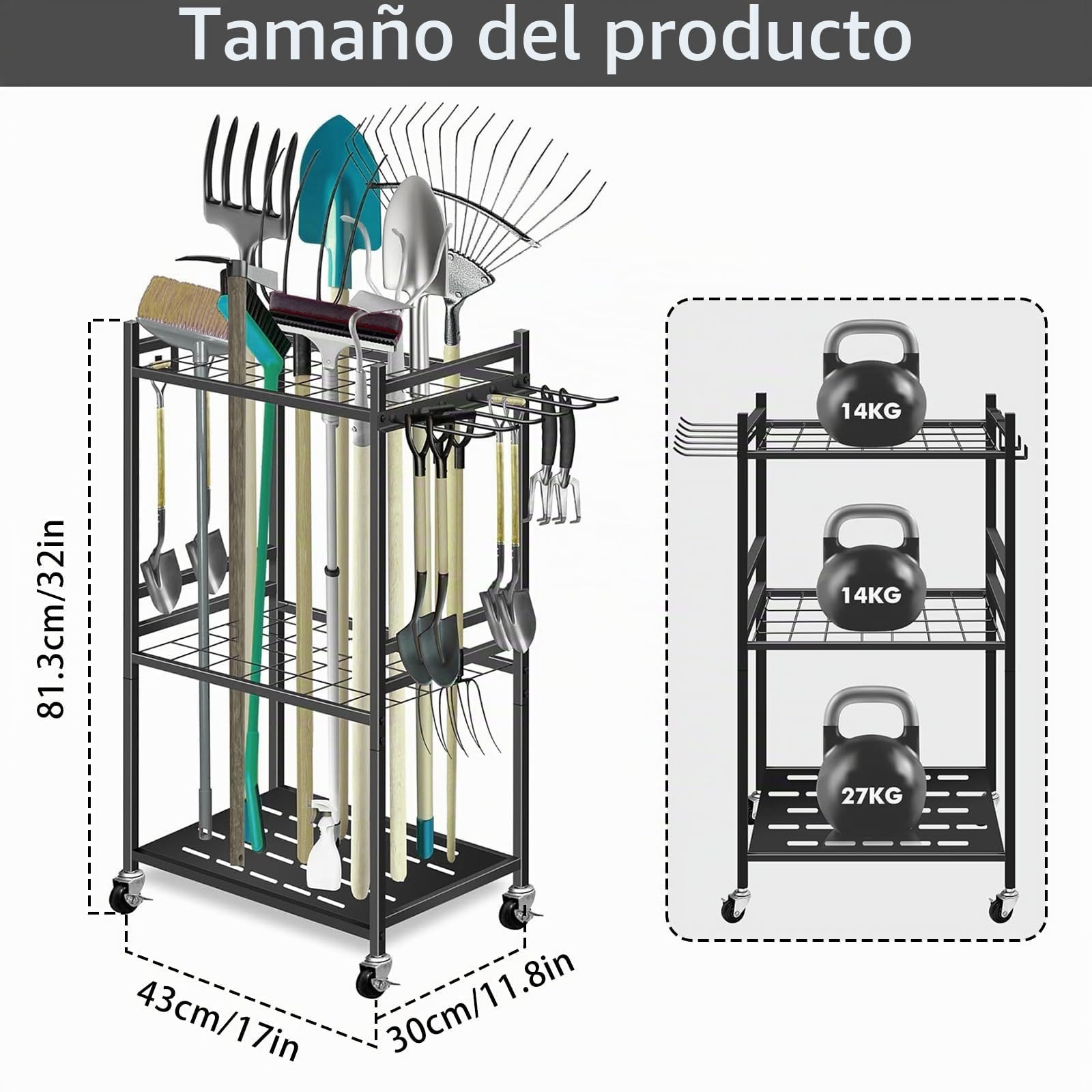 Organizador de Herramientas Jardineria, Estante de Almacenamiento para Herramientas de Jardín Fabricado con Rueda Universal Ganchos Laterales Largos y Ganchos de Almacenamiento para Garajes Jardines