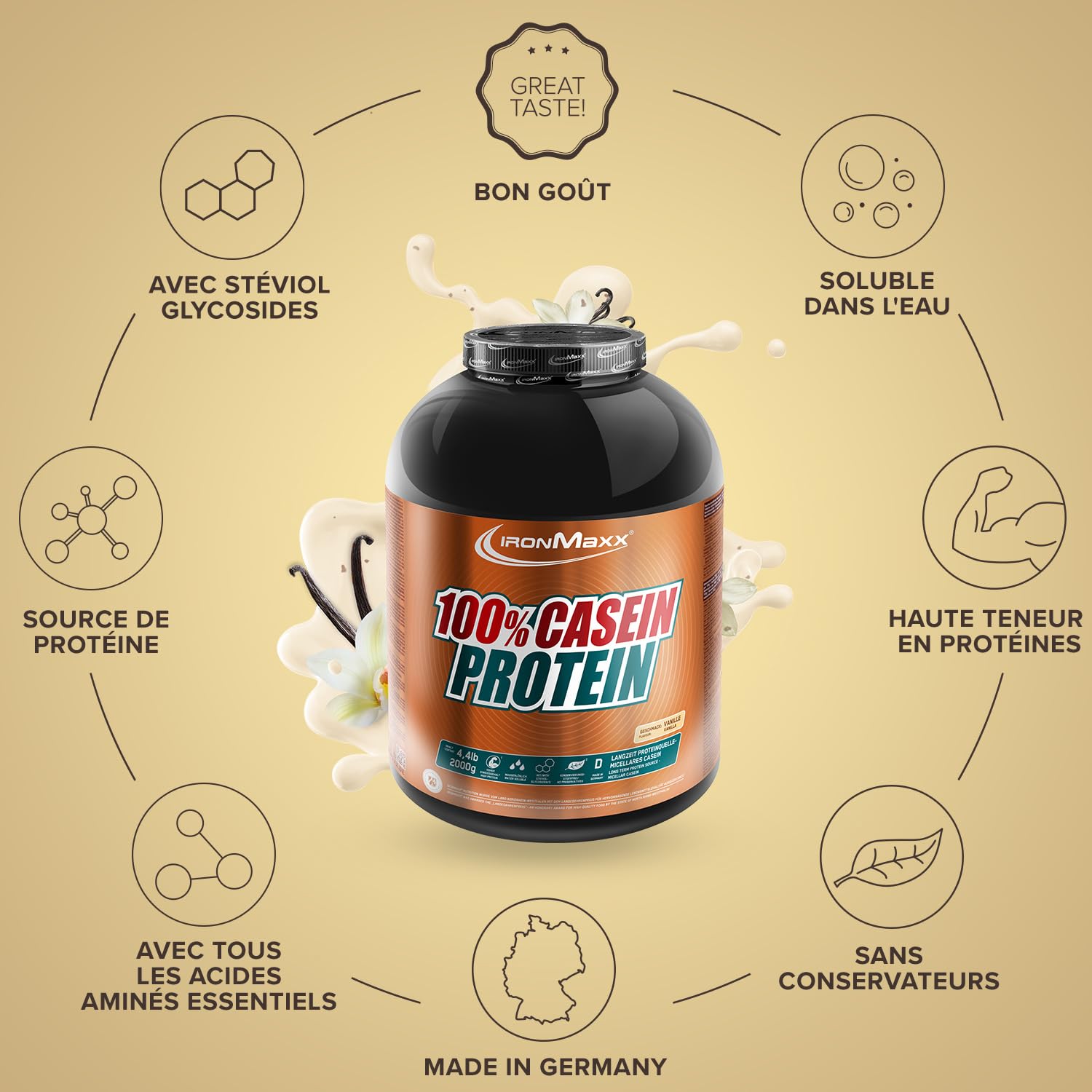 IronMaxx 100% Casein Protein Powder Vanilla 2000g – Caséine micellaire, protéine de caséine en poudre pour shake protéiné, nutrition fitness, musculation et apport protéiné