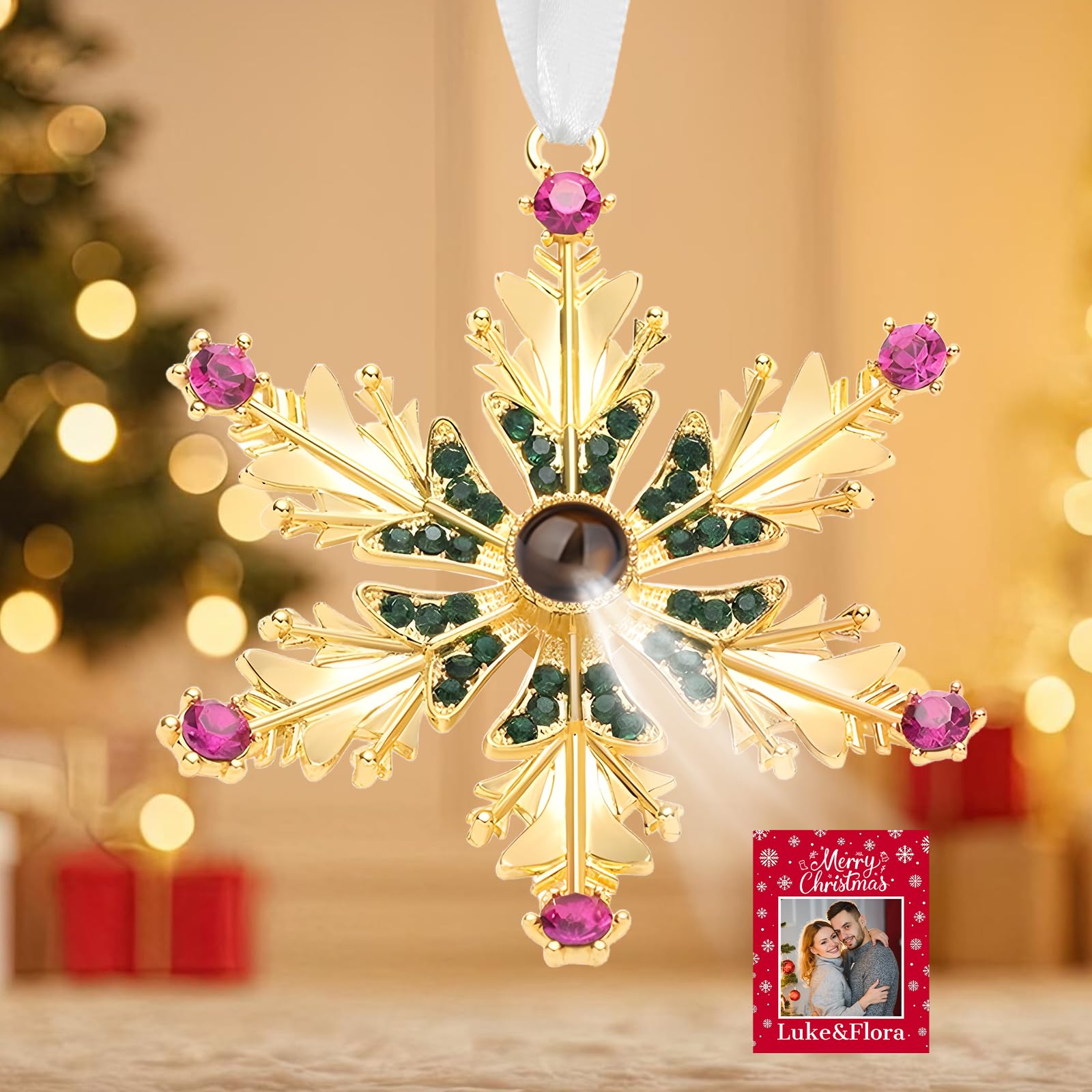 Aaq Gold Personalised Christmas Decorations Snowflake Ornaments Picture Inside, 2025 Custom Photo Projection Ornament For Christmas Tree, Personalised Xmas Gifts For Family Lover