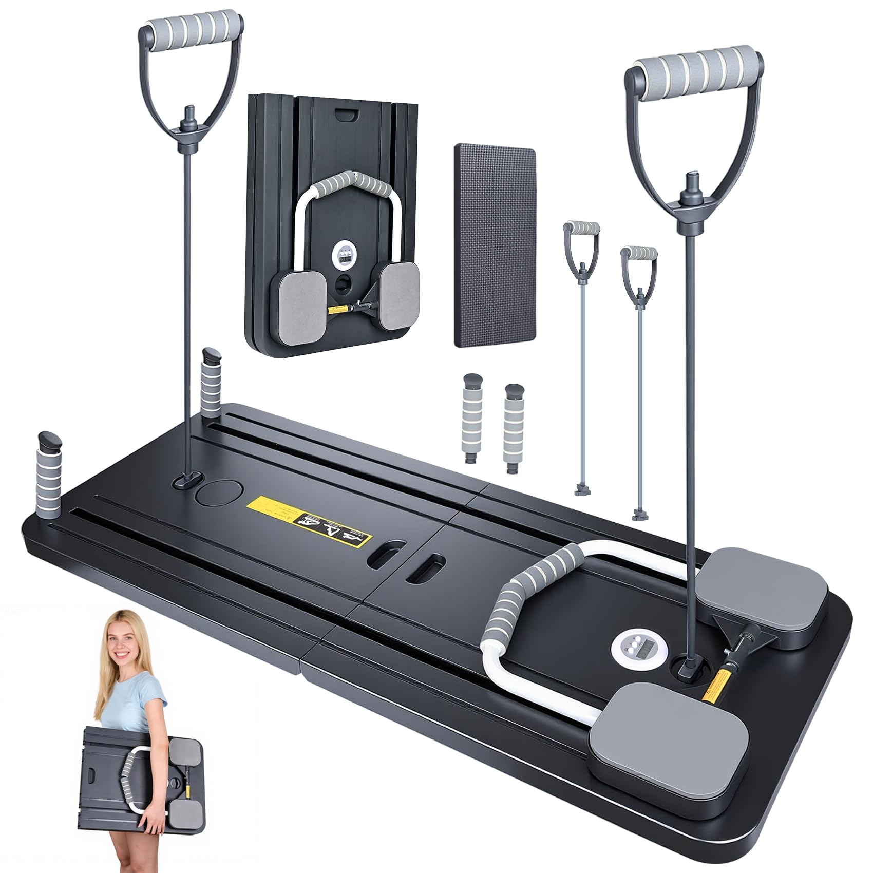 Pilates Reformer Compact, 5 en 1, pliable, avec compteur LED, rouleau à rebond automatique, planche abdominale multifonctionnelle pour la maison et la salle de sport (noir avec poignée)