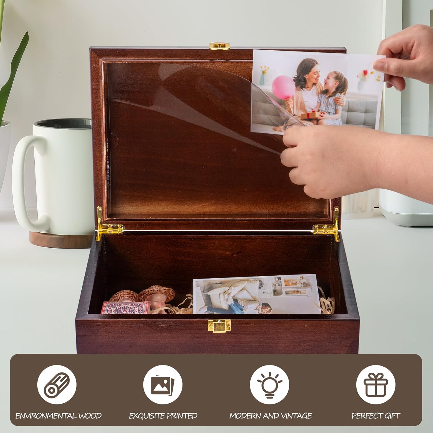 Larger Wooden Wedding Memory Keepsake Boxes With Hinged Lids and a photo frame inside the lid Bridal Shower Gifts - Engagement Gifts for Couples Newlyweds Mr Mrs Couple Bride Gift - 5.3“*8.6”*11.7“