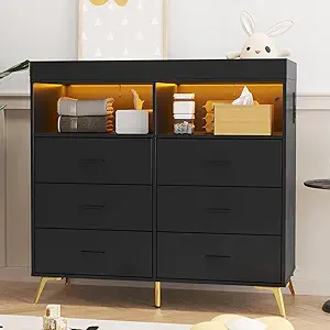 GarveeHome Dresser for Bedroom with 6 Drawers, Baby Changing Table Dresser with Changing Pad, LED Lights & Charging Station, Baby Changing Station with Changing Table Top, Black