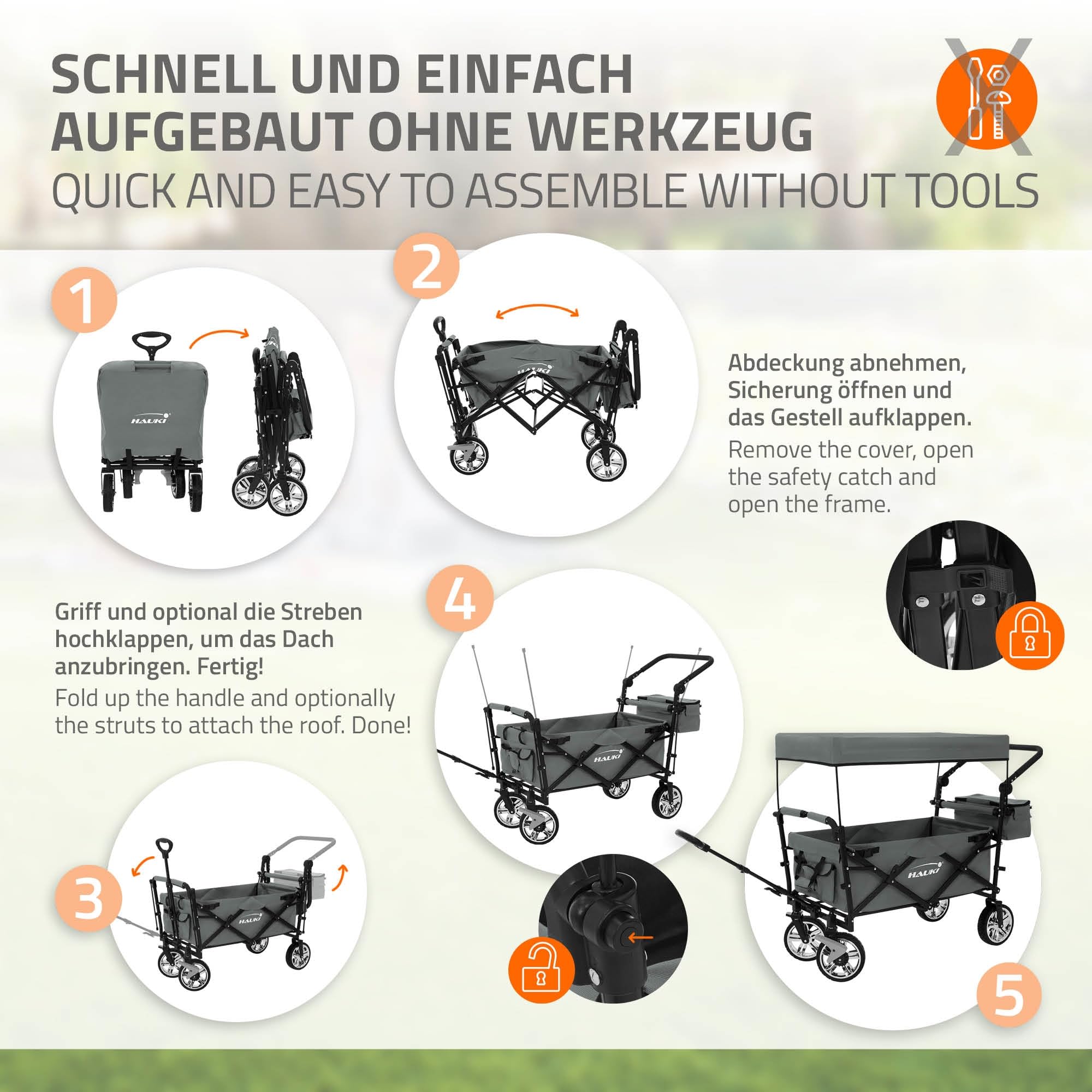 Hauki Chariot de Transport Pliable à Main avec Toit, Gris, Poussette de Plage Jardin avec Sac et Siège à 2 Places, Roulette avec Freins, Pivotante à 360°, Charge Max. 120 kg, pour Enfants/Outils
