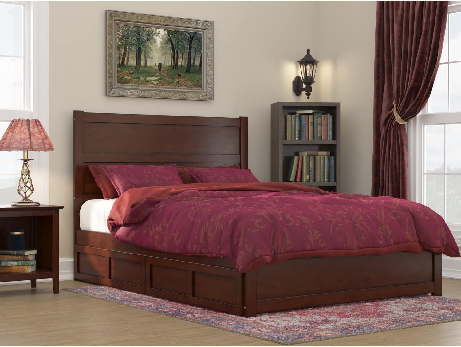 Walnut Wood Queen Platform Bed with Storage Drawers