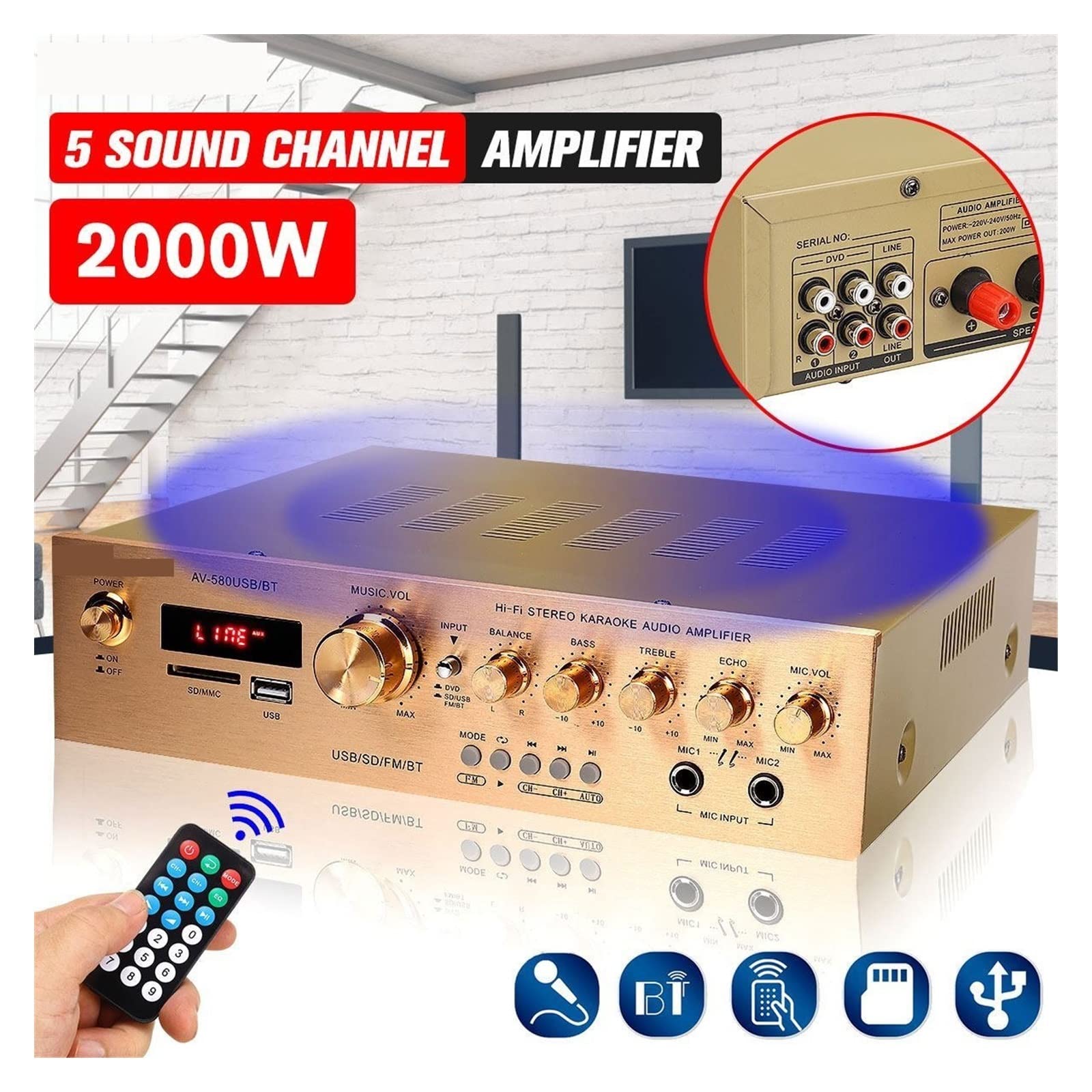 BASSFLY Amplificador estéreo HiFi Bluetooth5.0 FM 5 Canales LED Digital Home Cinema amplificadores de Cine en casa amplificadores for el hogar