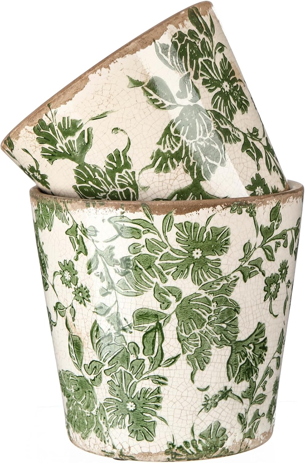 Beeveer 2 Pcs Farmhouse Ceramic Planters Gifts Set 5.1"x 5.5" Christmas Vintage Flowers Pots Green Ice Crackle Glazed Plants Pots with Drainage for Rustic Boho Indoor Outdoor Plants Home Office Decor