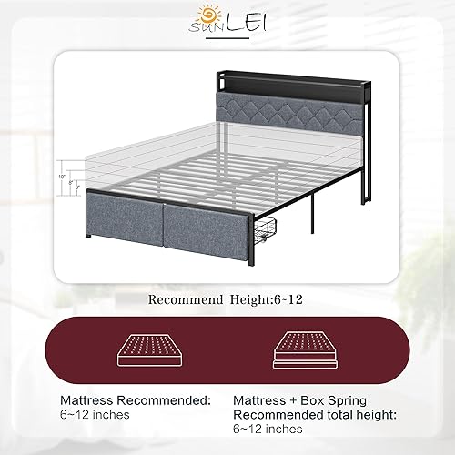 Miniatura 9 de SUNLEI Base de cama Queen con luz LED y 2 cajones, plataforma de metal con estación de carga y cabecera de almacenamiento de tela de lino, listones