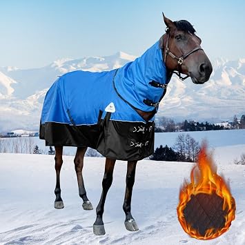 Turnout Blanket for Horses, Waterproof Thickened Horse Sheet with Detachable Neck Cover,1600D Nylon Outer, 400g Heavy Weight Filling, Blue US 72INEU 135cm