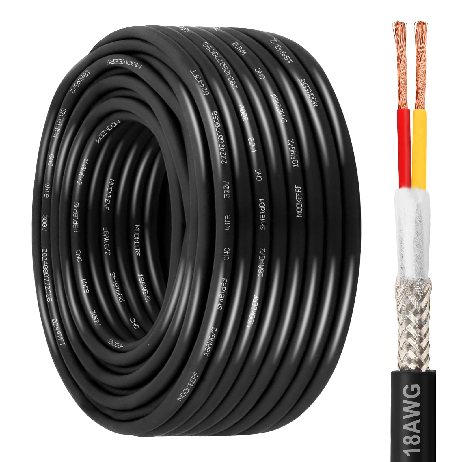 MOOKEERF 18/2 Shielded Wire 100FT,18AWG 2 Conductor Shielded Cable Stranded Pure Copper CNC Wire for CNC Router Machine,CNC VFD Spindle,3D Printer,