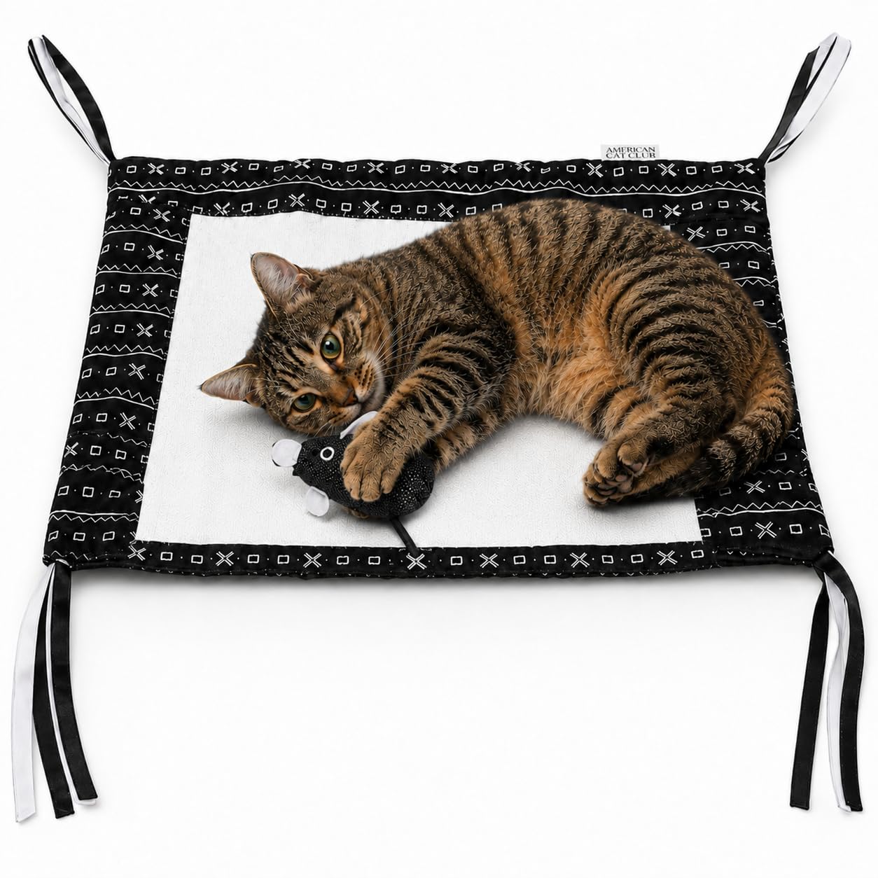 American Cat Club Reversible Crinkle Cat Mat with Mouse Toy – Black Mudcloth Pattern, Interactive Crinkle Play Mat for Cats, 18” x 13”