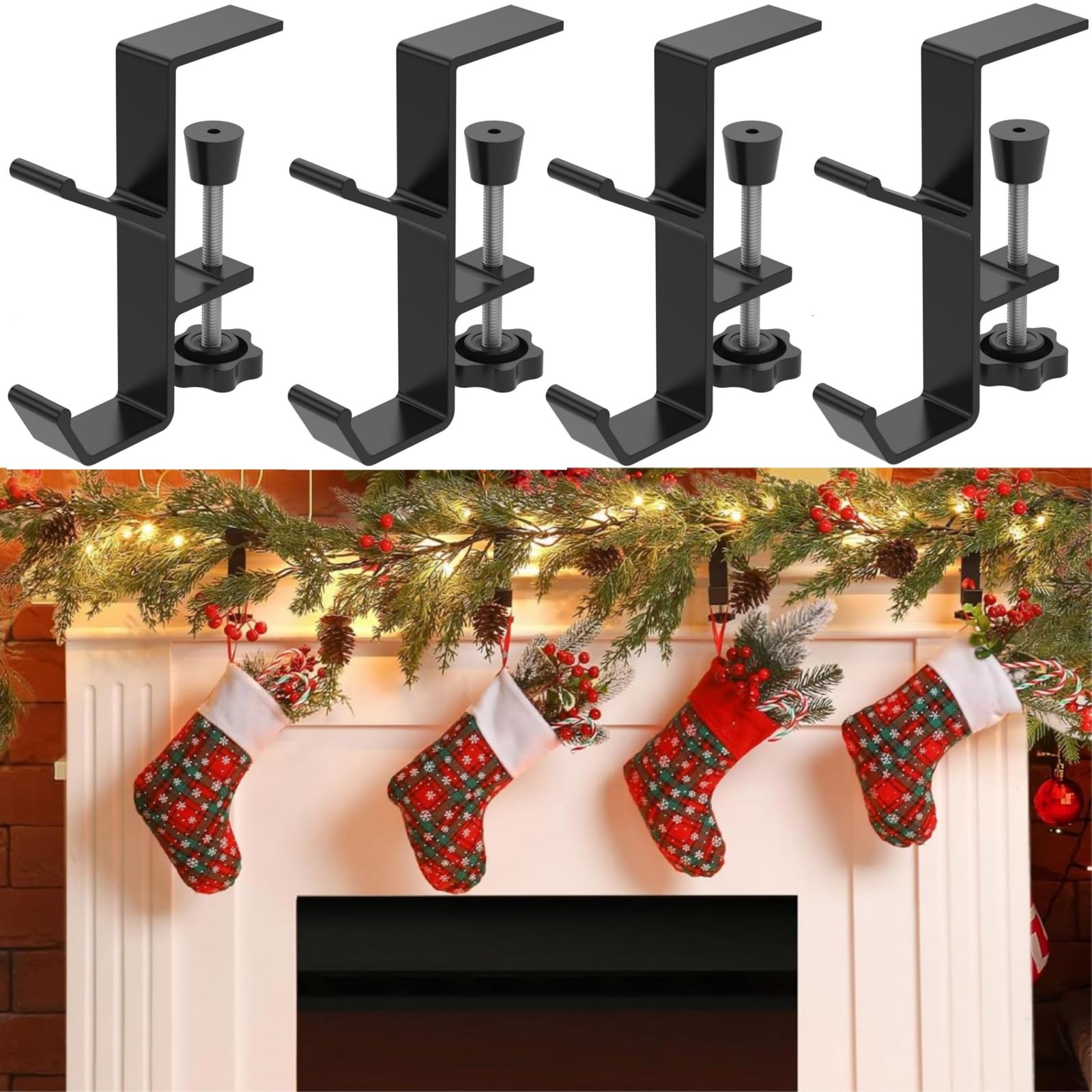 Shaojian 4Pcs Fireplace Stocking Holders And Garland Hangers, 0.3"-2.1" Adjustable Heavy Duty Stocking Hooks, Double Hooks Stocking Hangers Christmas Mantel Garland Hooks For Home Party Decoration(4Pcs)