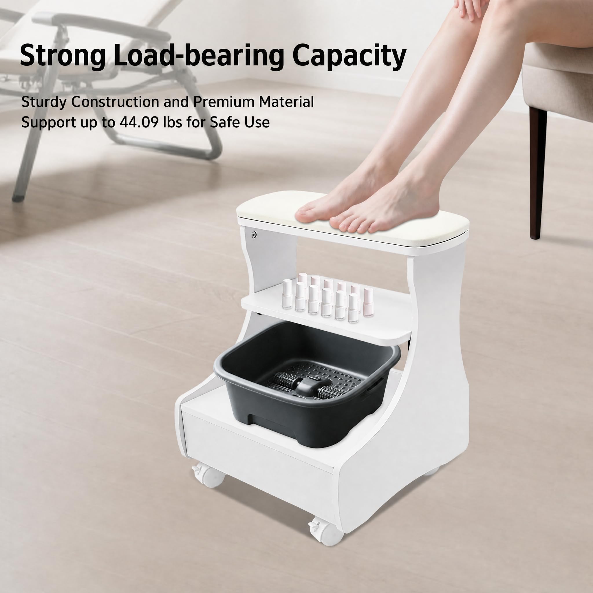 Taburete de pedicura con ruedas para baño, pies, manicura, 20 kg, color blanco | Taburete de pedicura con ruedas blanco 2 en 1 para pies y manicura, 20 kg, cojín suave, cajón, frenos, salón, hogar.