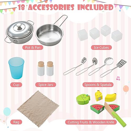 Miniatura 4 de Costzon Juego de cocina para niños, juego de cocina de madera con sonido, microondas, horno, máquina de hielo, campana extractora, estufas,