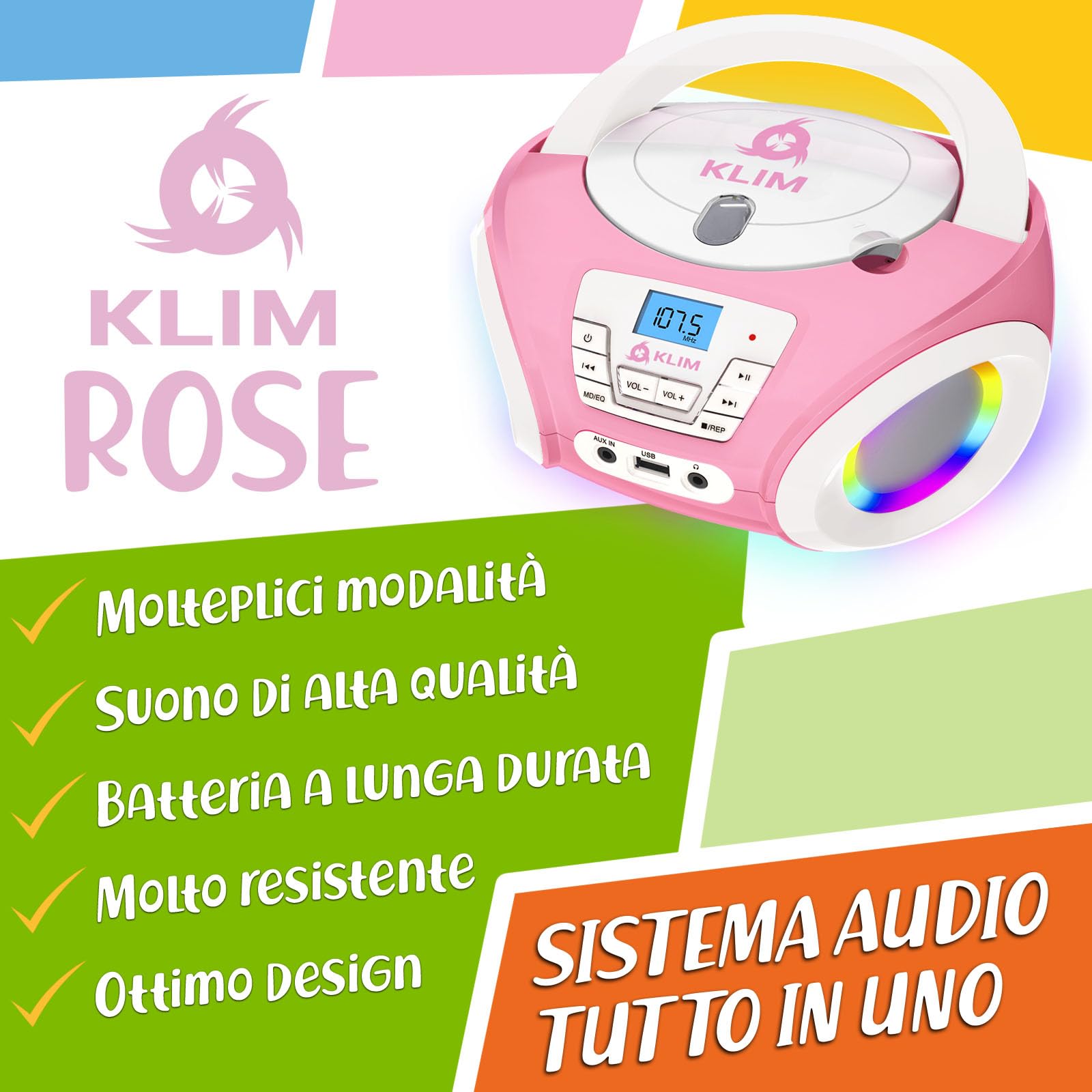 KLIM Candy Kids - Lettore CD portatile, nuova versione con radio FM e altoparlanti, batterie incluse, design rosa carino per bambini e bambini, rosa