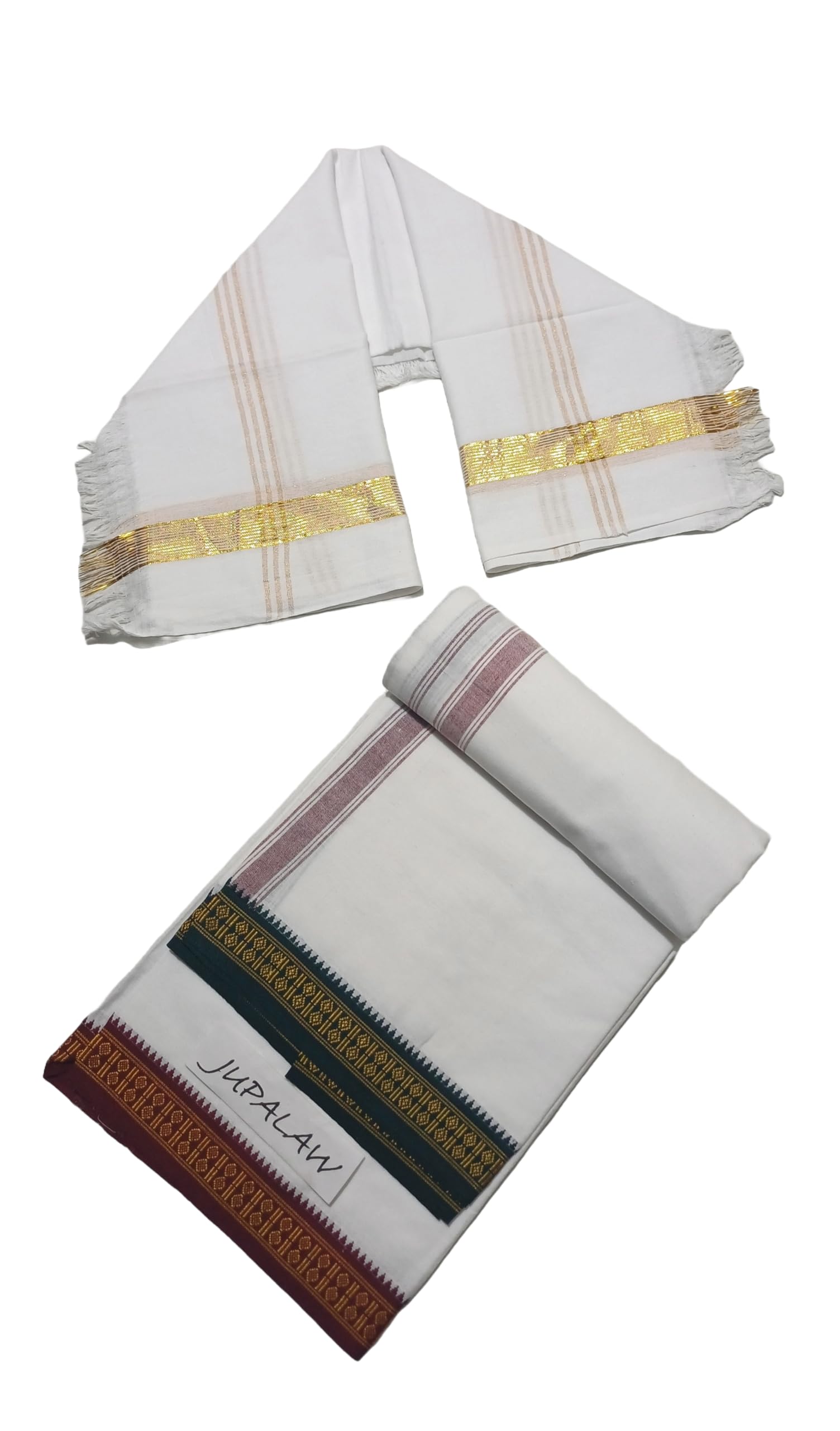 Traditional Cotton Dhoti Set with Angavastram, White, Zari Big Border, 2 Metres Length, Includes Gamcha Towel-image-46