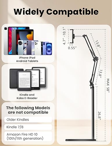 Miniatura 5 de Soporte de suelo para Kindle con girador de páginas remoto para leer en la cama, soporte para tableta con base estable de 6.6 libras, accesorios