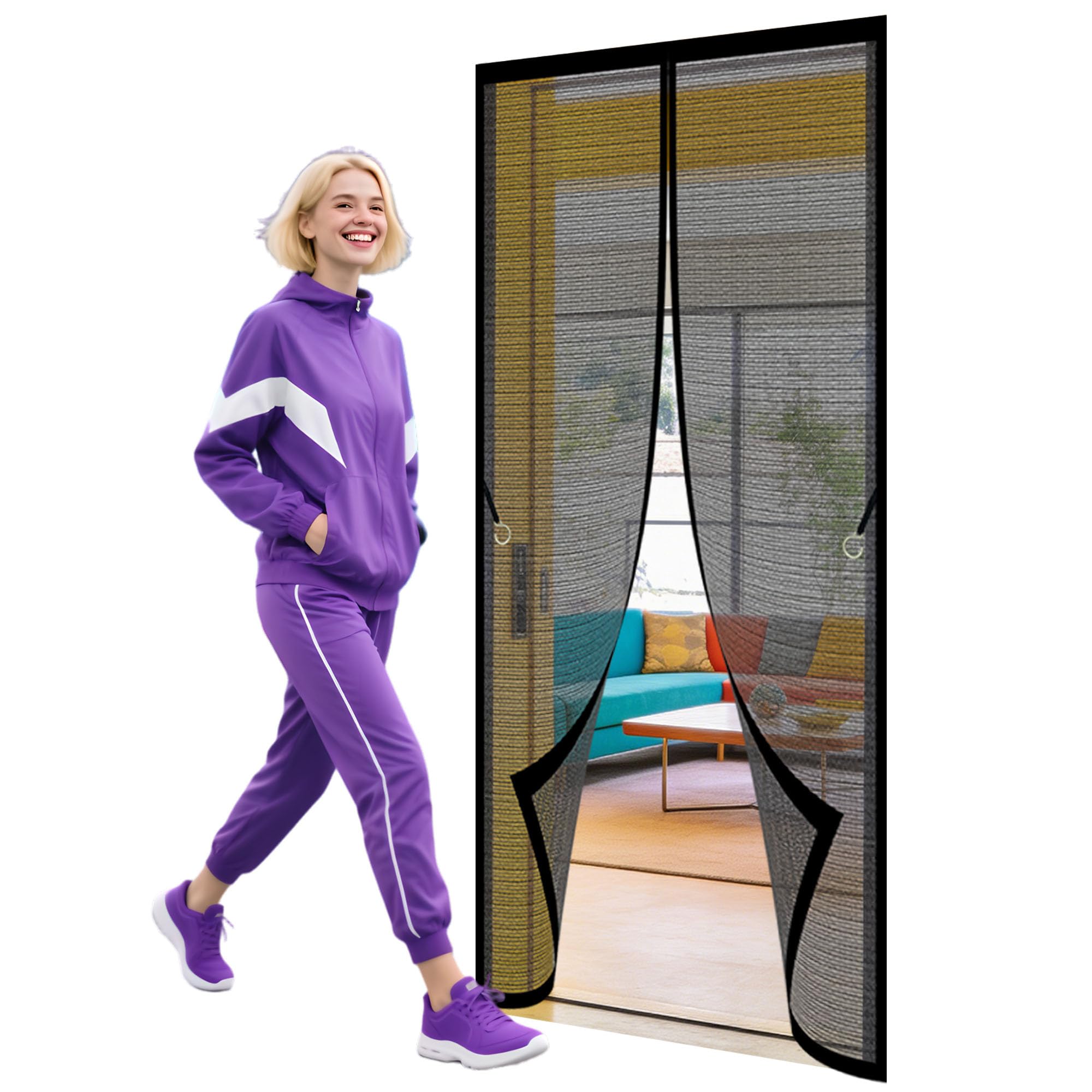 Fly Screens Doors 77 x 202 cm No Drill Installation Fly Screens Doors Keeping Out Flies Bug Suitable for Patio Room Balcony Bedroom, Black