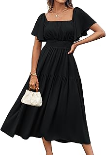 Women's Summer Short Sleeve Square Neck Smocked Waist Casual Vacation Tiered Flowy Maxi Dress - Buy now