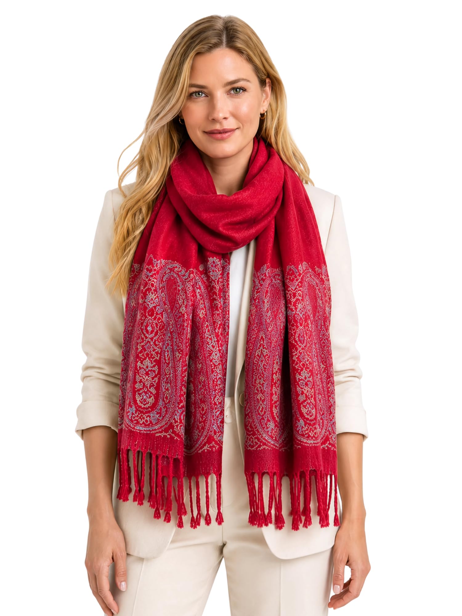 Women Pashmina Scarf Shawl Wrap - Large Long Paisley Floral Rainbow Ladies Scarves, Wearable Blanket Scarf, Womens Winter Scarfs, Indian Shawl Wedding Evening Stole, Head Scarf (Red Paisley)