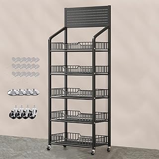 5 Layer Concession Stand Display, Floor Standing Retail Snack Display Rack for Pantry Kitchen Bedroom Pharmacy, Supermarket Snacks Storage Organizer Cart on 4 Wheels, Chip Holder ( Color : Black , Siz