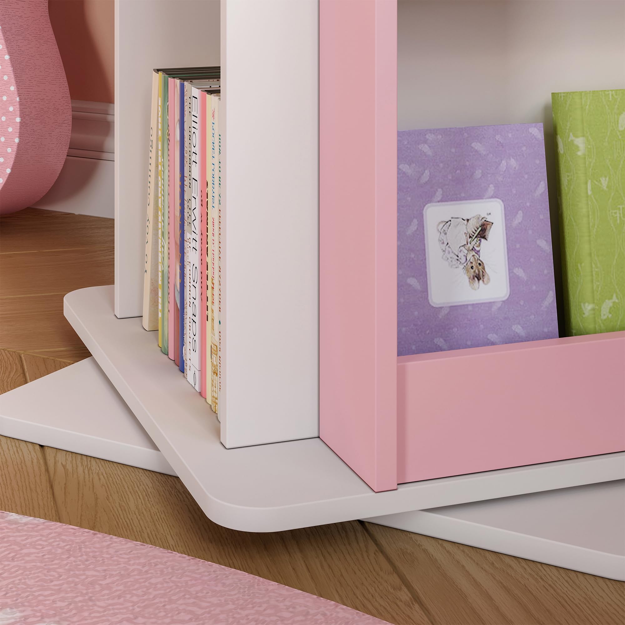 [en.casa] Scaffale Girevole per Cameretta a Forma di Casetta Libreria Rotante per Bambini con Ripiani e Porta Libri Laterali 108x40x40 cm Rosa/Bianco