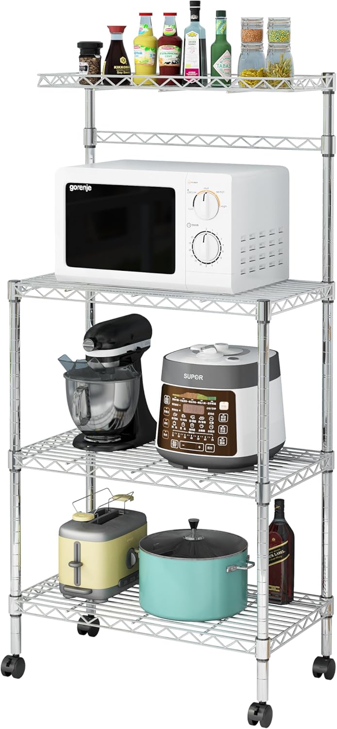 4 Layer Adjustable Kitchen Bakers Rack Shelf with Wire Metal Shelves, Microwave Oven Stand Storage Cart Carbon Steel Space-Saving for Kitchen, Living Room, Bathroom, Hotel, Restaurant Silver