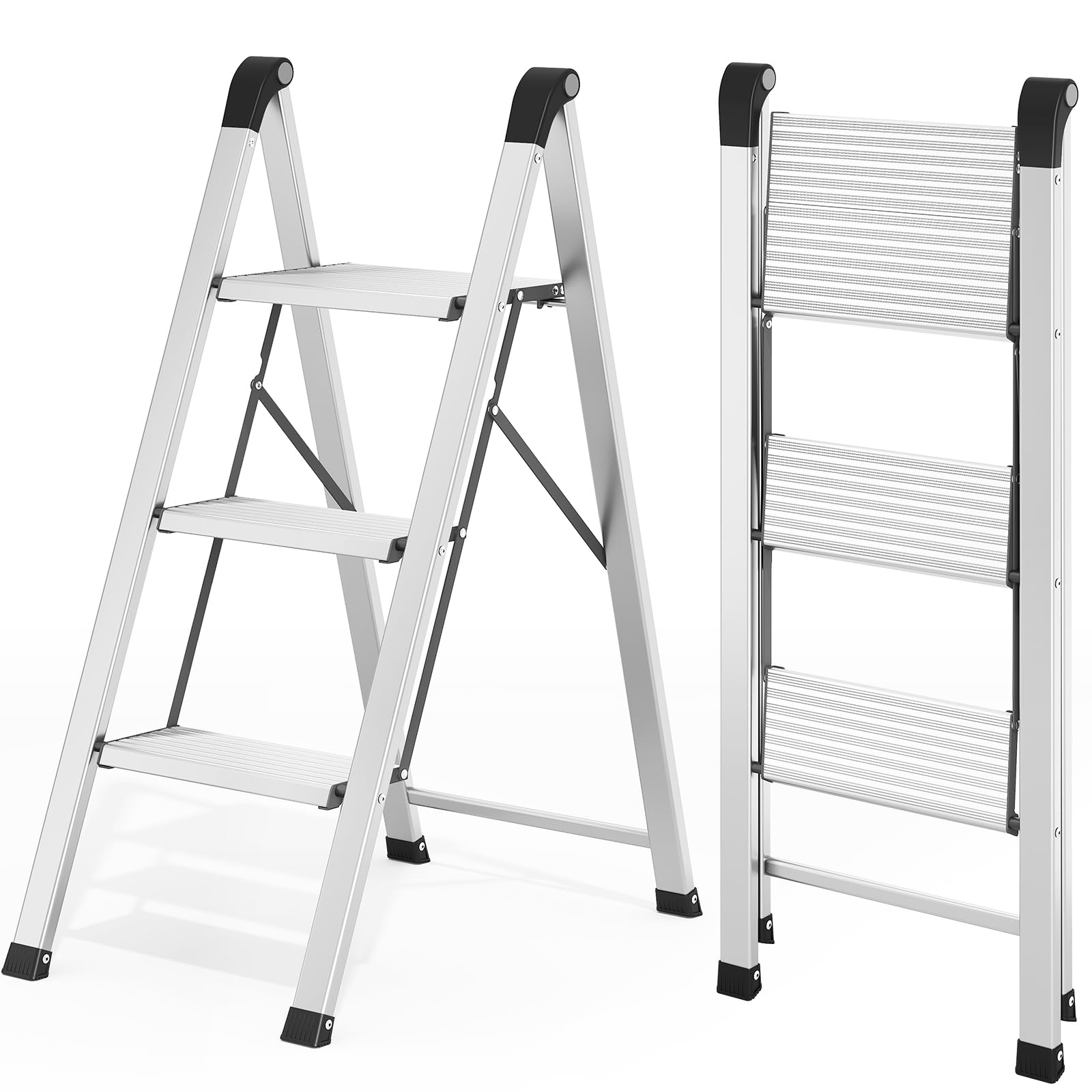 Kingrack Escalera 3 peldaños Aluminio Antideslizante, Capacidad 150kg Plata | Escalera taburete plegable aluminio peldaños antideslizantes, soporta 150kg, plata y negro, uso hogar cocina oficina