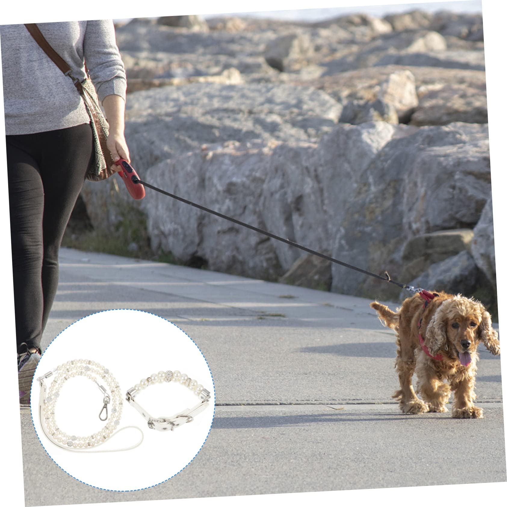 SOIMISS Collare per Cani in Pelle Pu con Perle Finte, Guinzaglio Flessibile Decorato, Set di 2 Articoli per Cuccioli, per Passeggiate e Regali di Natale