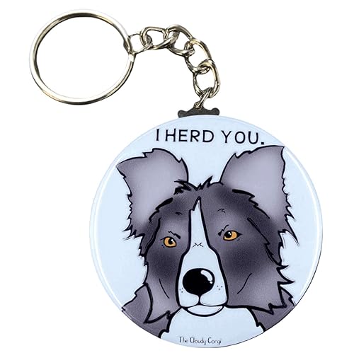 Border Collie Keychain, Funny Herding Dog Key Ring, Pet Portrait Cartoon Art Gifts & Collectible Accessories, 2.25" Handmade Button Style Keychain
