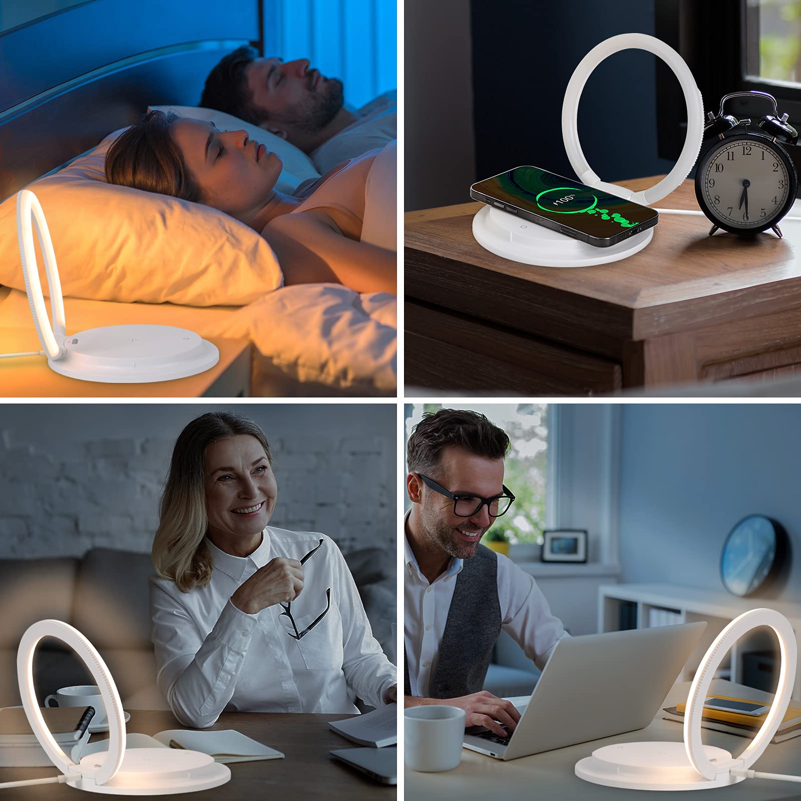 HTU Lampada da comodino a LED Touch dimmerabile con caricatore senza fili, moderna lampada da scrivania con 3 livelli di luminosità per bambini, luce notturna con supporto USB per cellulare