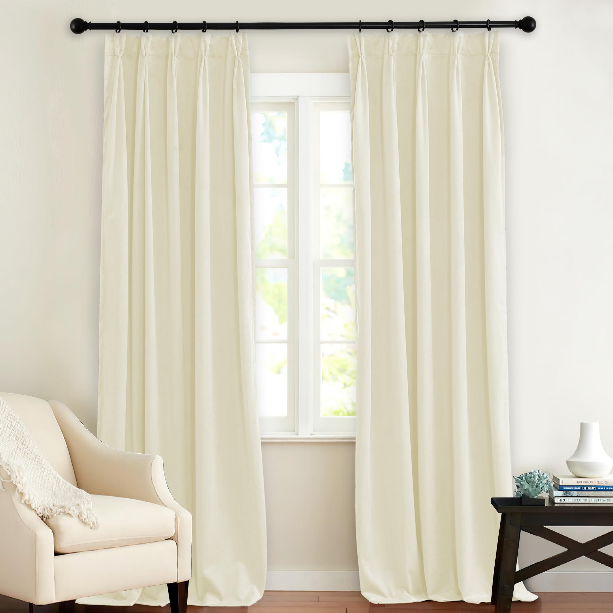 KGORGE Ivory Pinch Pleated Velvet Curtains 96 inches, Thermal Insulated Room Darkening Hook Rings & Back Tab Drapes for Bedroom Living Room, W 34 x L 96, 2 Panels
