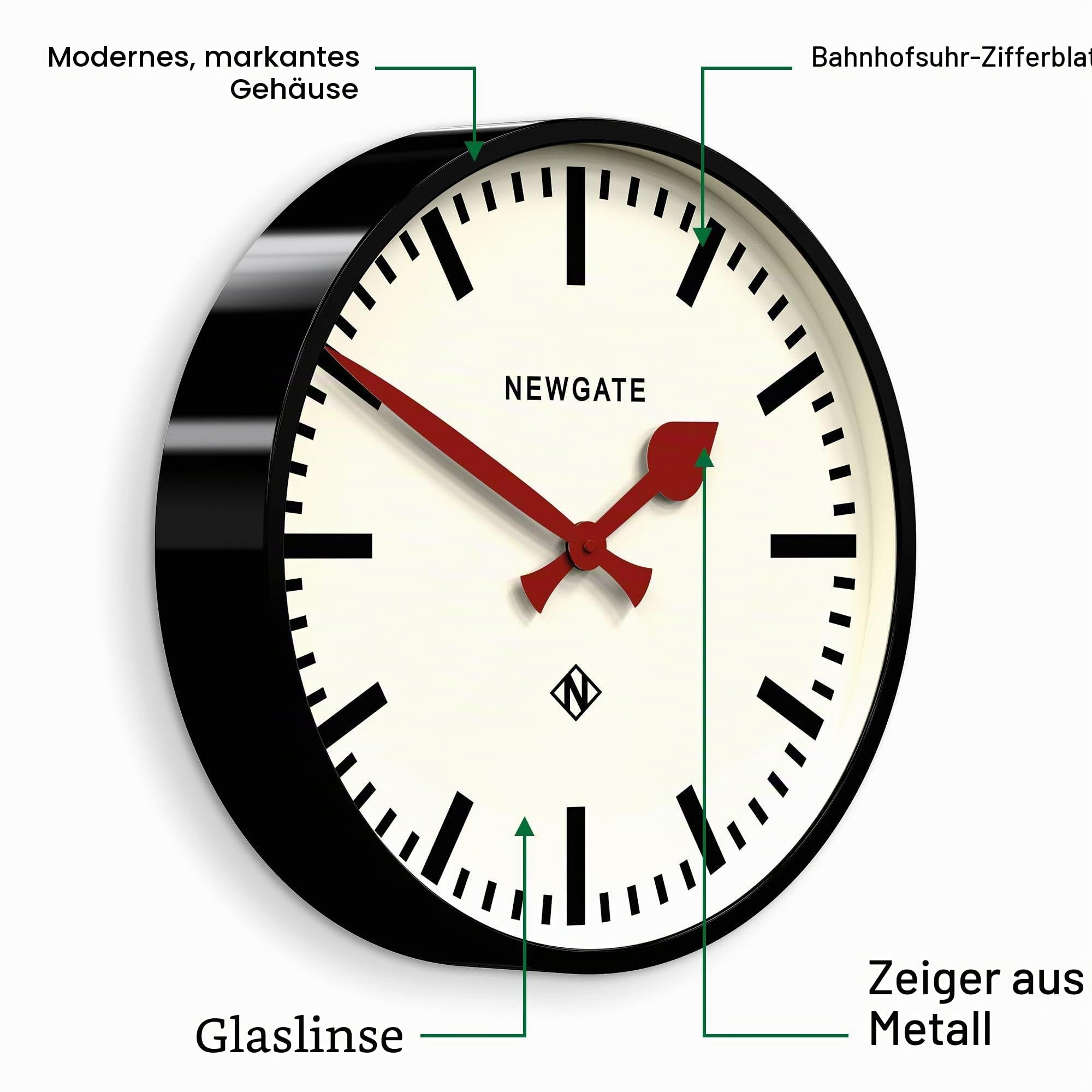 NEWGATE® Putney Wanduhr | Große, Retro-inspirierte Moderne stationsuhr | 45cm | Tiefglänzendes schwarzes metallgehäuse mit roten händen | Industriell mid-Century-Stil für küche, Wohnzimmer oder büro