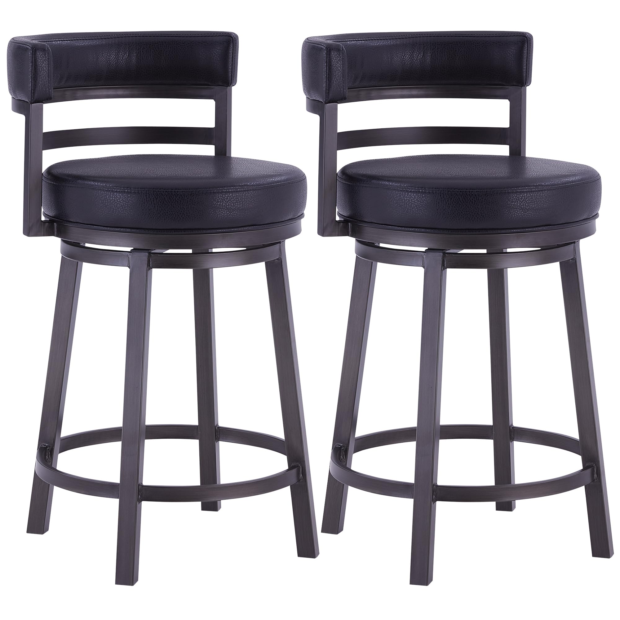 Armen Living Madrid 26" Seat Height Swivel Ford Black Faux Leather and Mineral Finish Bar Stool for Kitchen Island Counter, Set of 2