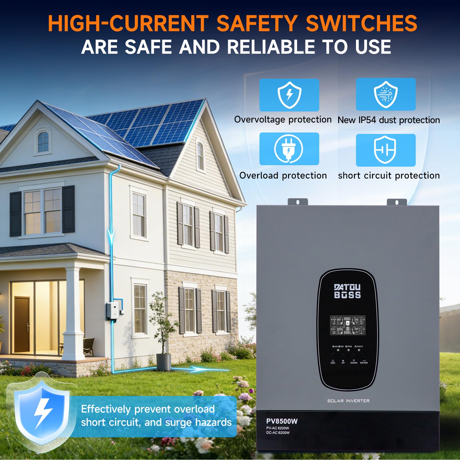 DATOUBOSS Hybrydowy falownik solarny 6200 W, 48 V, czysty inwerter sinusoidalny 120 A MPPT, zero eksport z czujnikiem CT w zestawie, praca bez baterii, do akumulatorów litowych 48 V, system Off-Grid