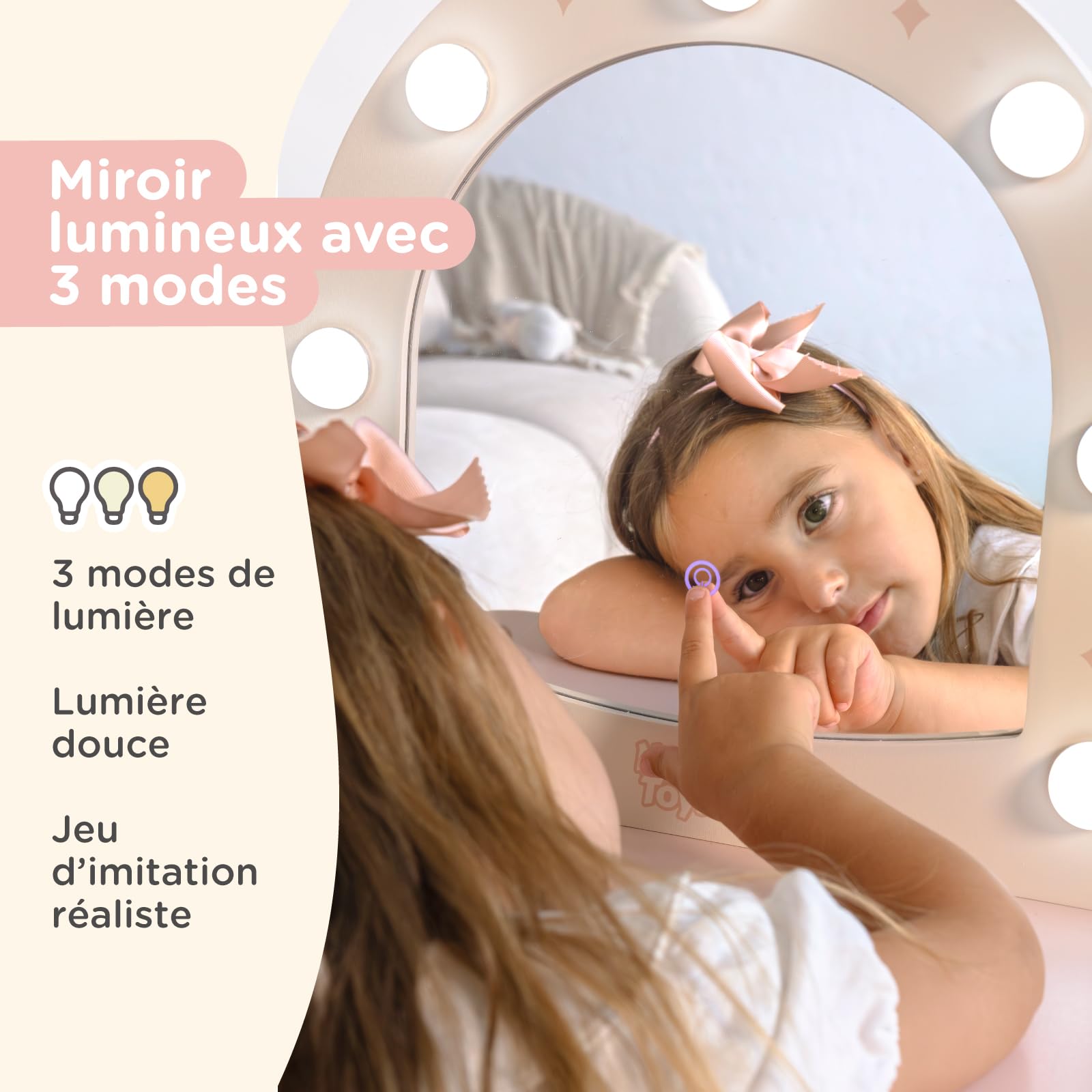Nene Toys Coiffeuse Enfant Fille avec Miroir et Tabouret, Coiffeuse en Bois avec Miroir Lumineux, 3 Modes de Lumière, Tiroir & Accessoires Maquillage Jouet, Cadeau 3 Ans