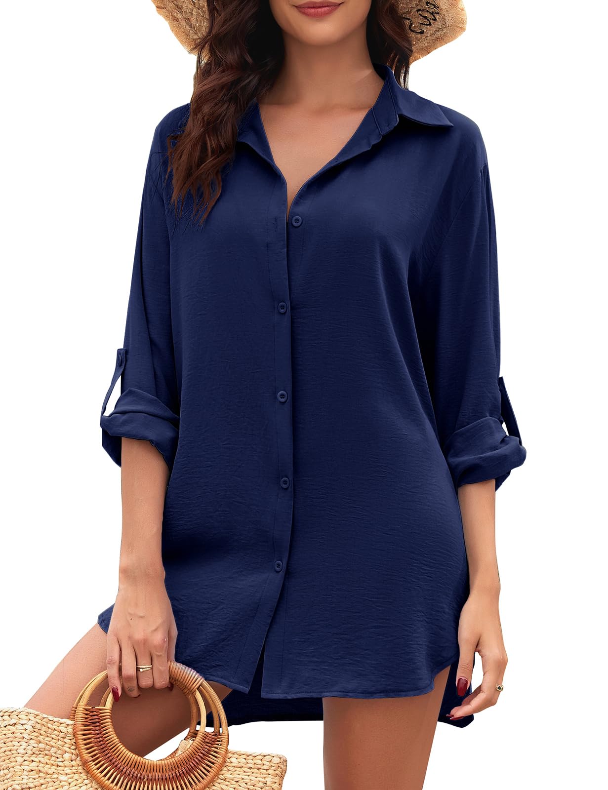 UMIPUBO Vestido Playa Mujer Camisa Suelto de Bikini Cover Up Camisas de Manga Larga Blusa con Botón para Verano Ropa Playa Verano Camisolas y Pareos