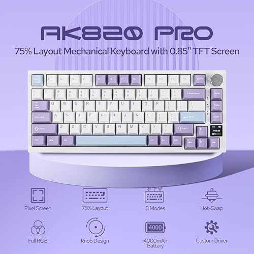 Miniatura 2 de EPOMAKER Ajazz AK820 Pro Teclado mecánico inalámbrico 75% con pantalla inteligente TFT y perilla, teclado para juegos montado en junta,