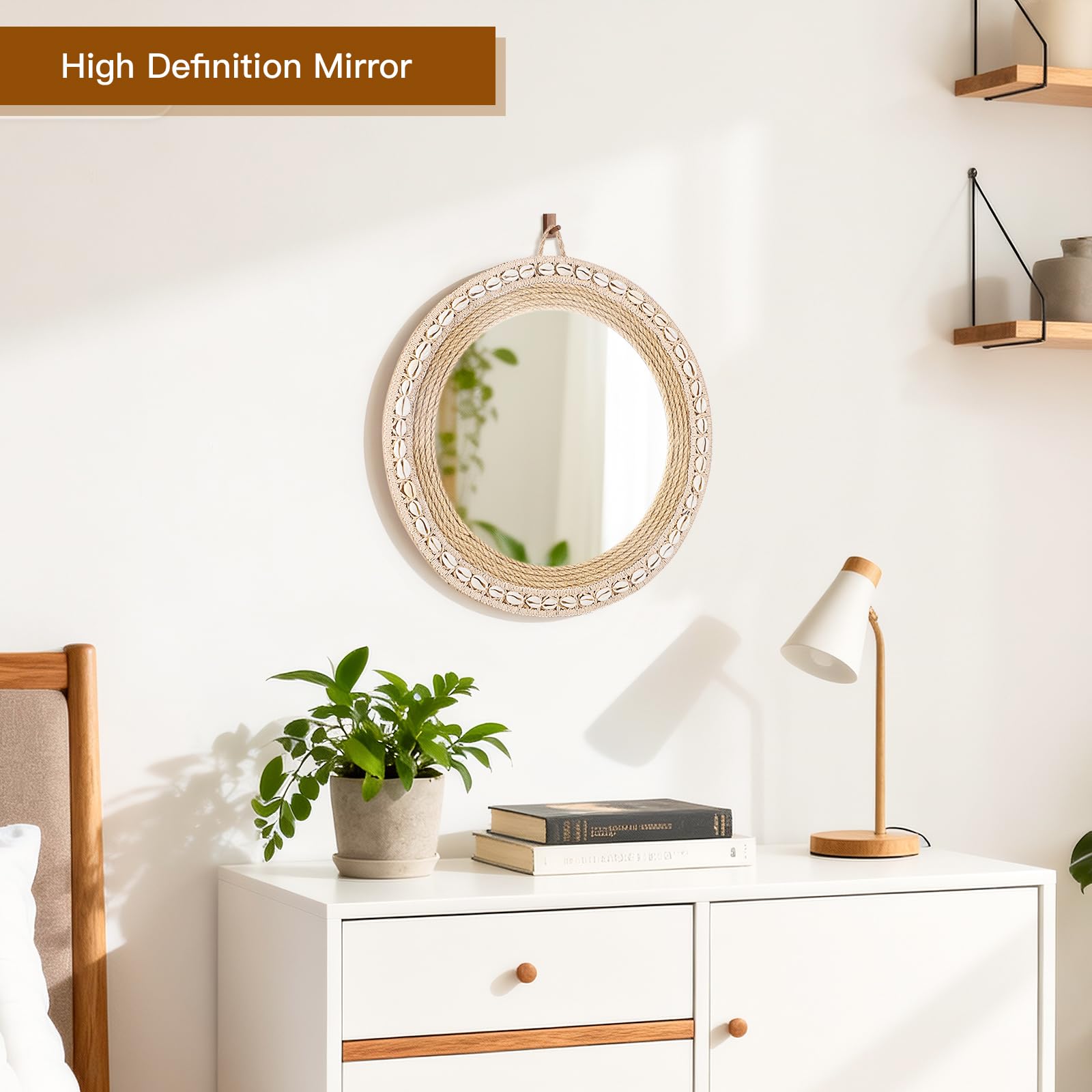 13.98 Inch Boho Mirror, Hemp Rope and Marine Scallop Ribbon Circle Mirrors, Used for Wall Mounted Mirrors for Bathroom, Wall, Entryway, Rustic (Natural)