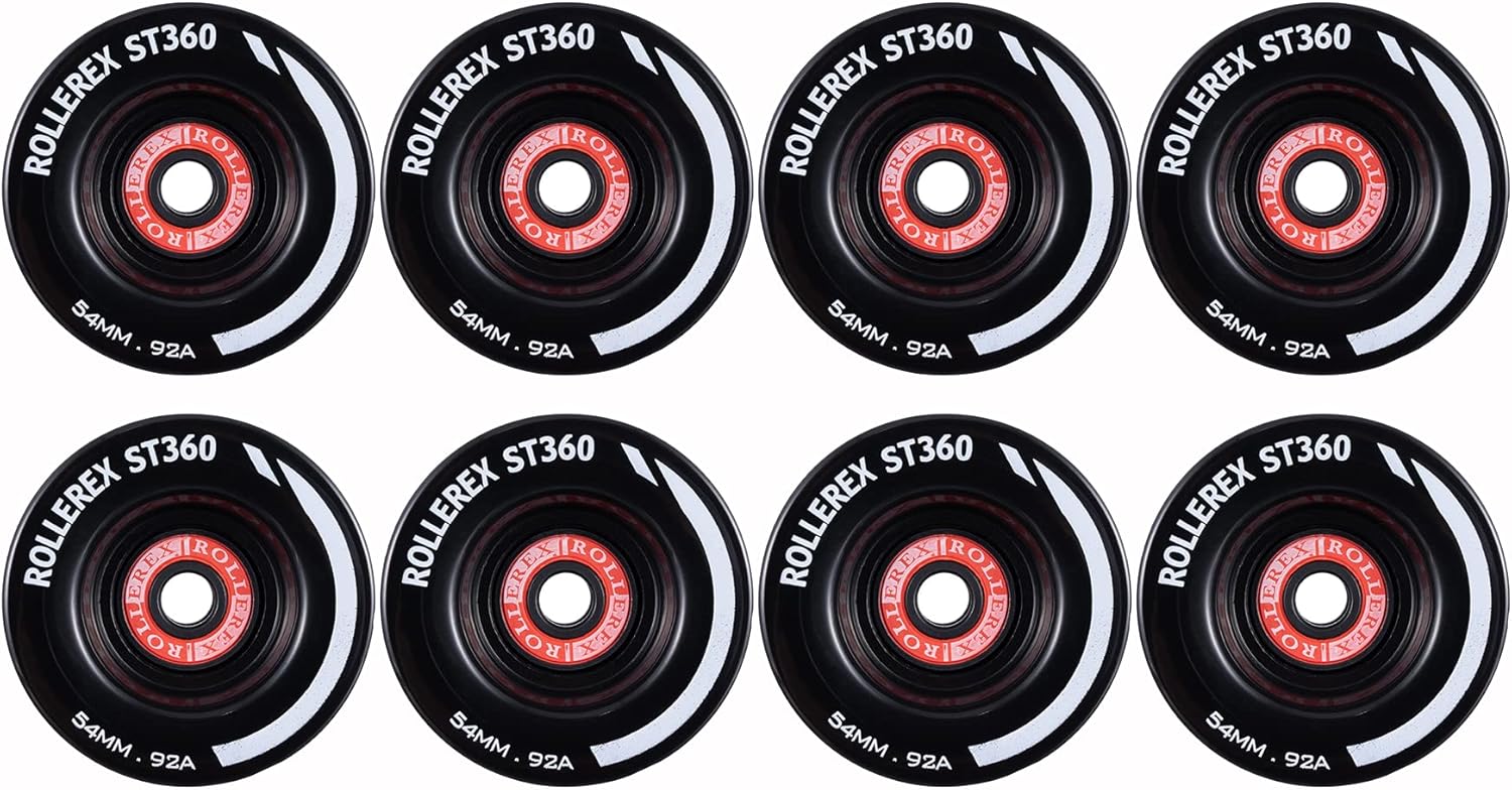Rollerex ST360 92A 54mm x 32mm Roller Skate Wheels (8-Pack w/Bearings, Spacers and Washers) (Color Options) - Indoor Outdoor - Use for Quad Skate Wheel Replacement (Steel Black)