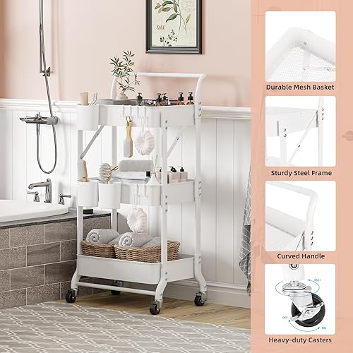 Miniatura 6 de Carrito plegable de 3 niveles con ruedas, carrito de almacenamiento plegable con 3 tazas colgantes y 6 ganchos para cocina, oficina, sala de estar,