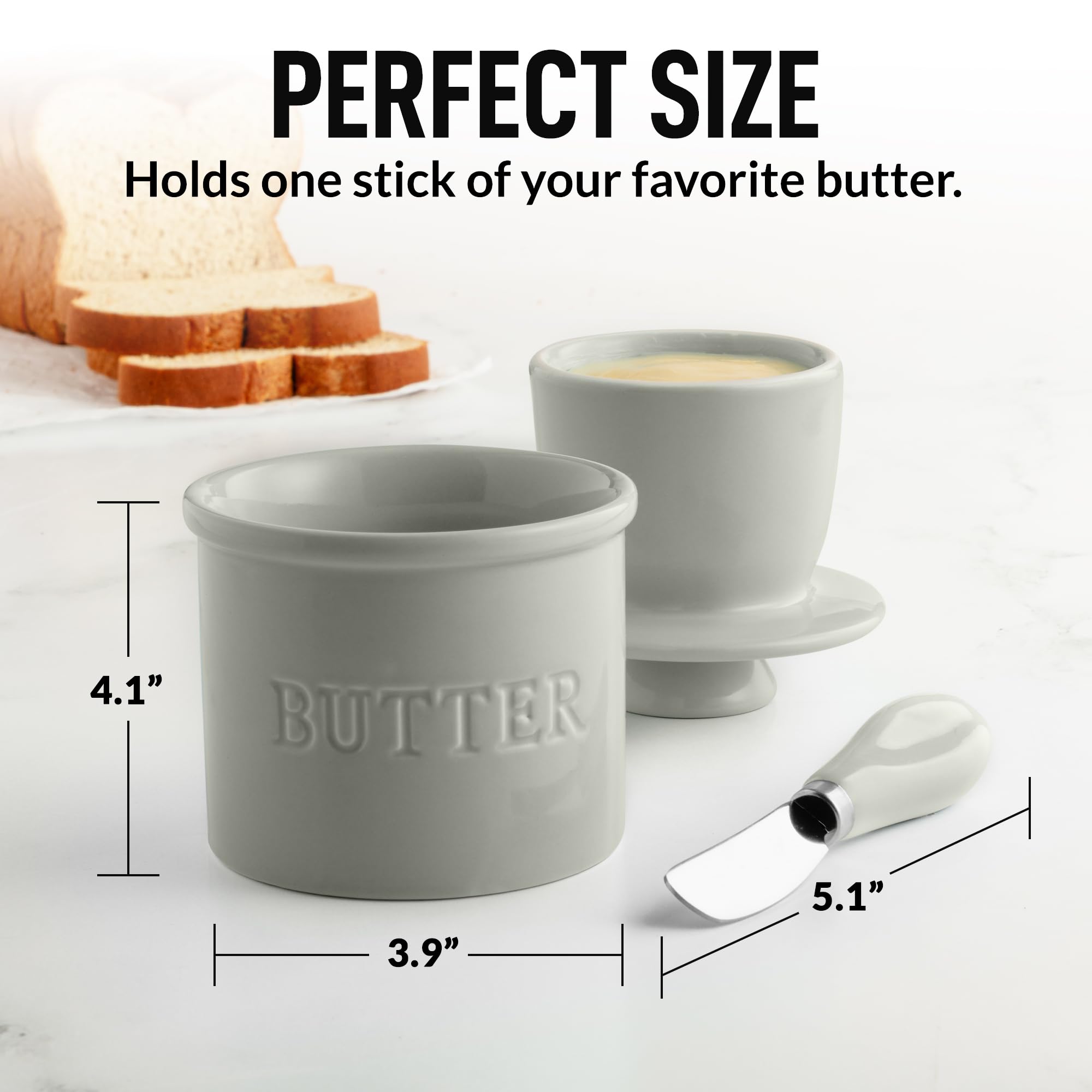 Zulay Kitchen Bell Butter Dish with Lid for Countertop with Water Line and Spreader Knife, French Ceramic Butter Dish for Fresh, Soft Spreadable Butter - Light Grey