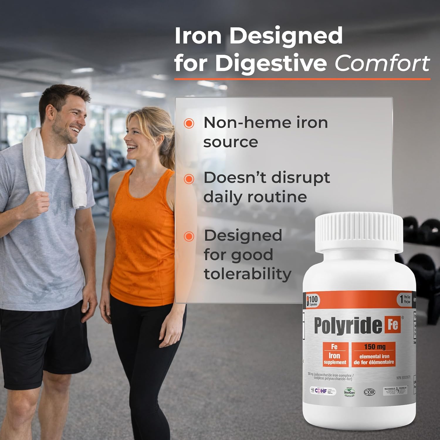 Vegan Iron Supplement 100 Capsules - 350mg Polysaccharide Iron Complex, 150mg Elemental Iron - Gentle Absorption - CDHF and SOGC Recognized