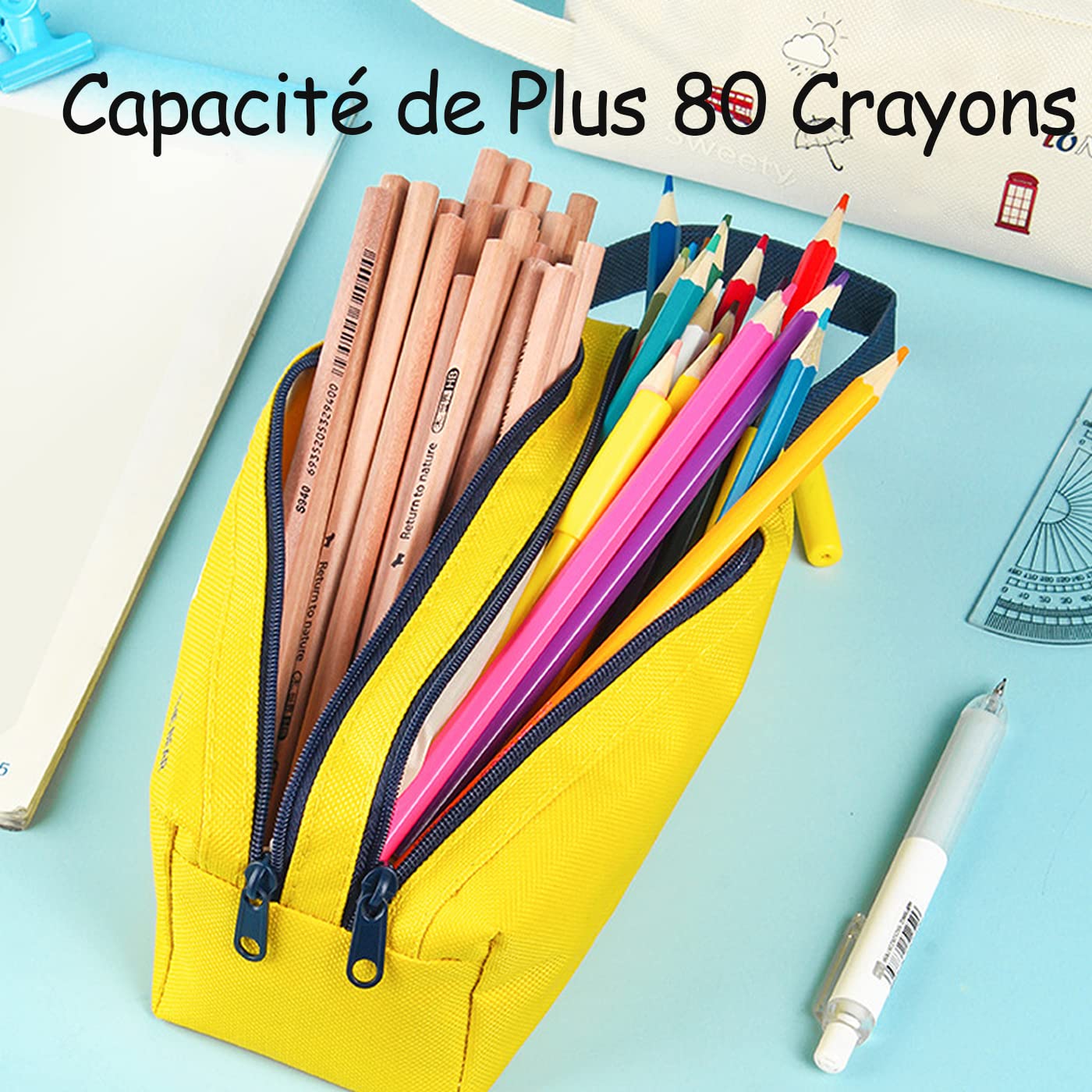 Trousse Scolaire à Deux Compartiments Grande Capacité Pochette en Tissu 20x7.5cm Bleu