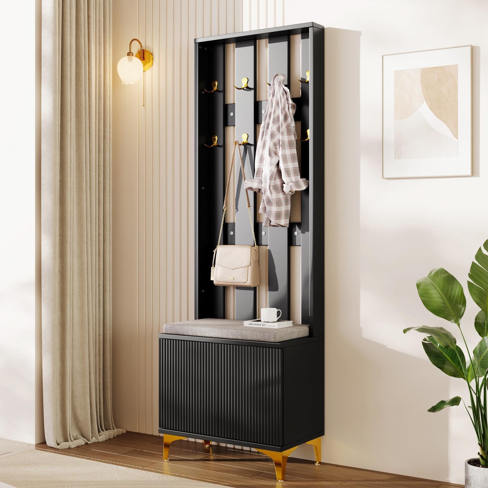 KOMHTOM Vestiaire d'entrée avec Crochets et Banc à Chaussures Casier vestiaire avec Armoire à Chaussures, Meubles pour entrée Modernes (A-Noir)