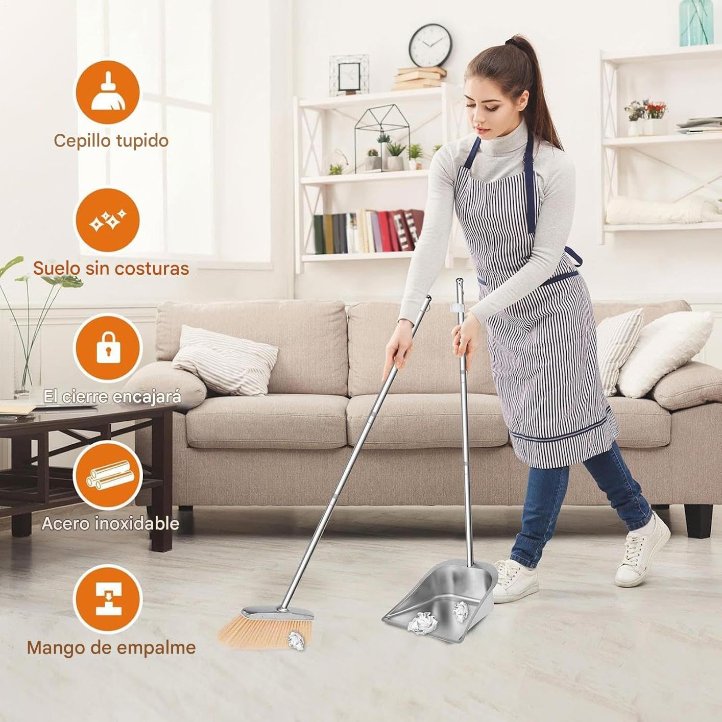 Escoba Y Recogedor Para Cocina, Escoba Ajustable Exteriores, Herramienta Limpieza Suelos Acero Inoxidable