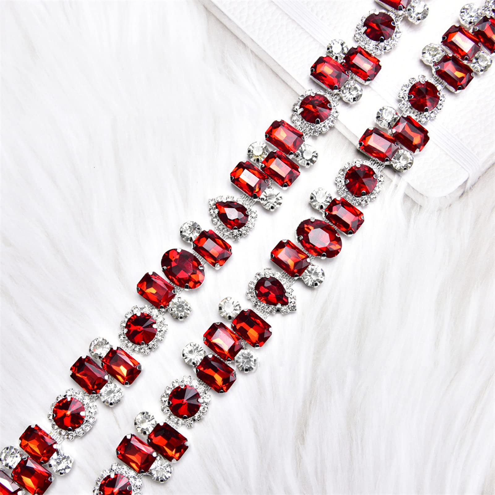 1 Yards Rhinestone Trim Permanent Jewelry Chain Colour Not Fade Wearable Thick Eyecatching for Sewing Crafts,DIY Decoration (Deep Red)