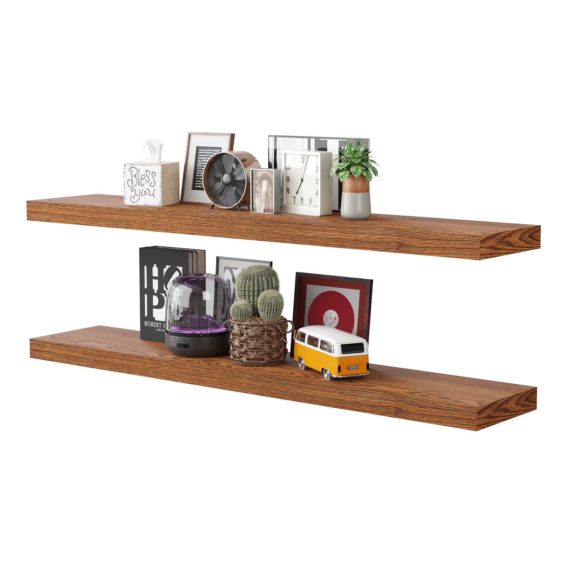 BAMEOS Floating Shelves, American Oak Wall Mounted Wooden Shelves with Invisible Brackets Set of 2, Hanging Wall Shelves Decoration for Bedroom, Bathroom, Living Room and Kitchen